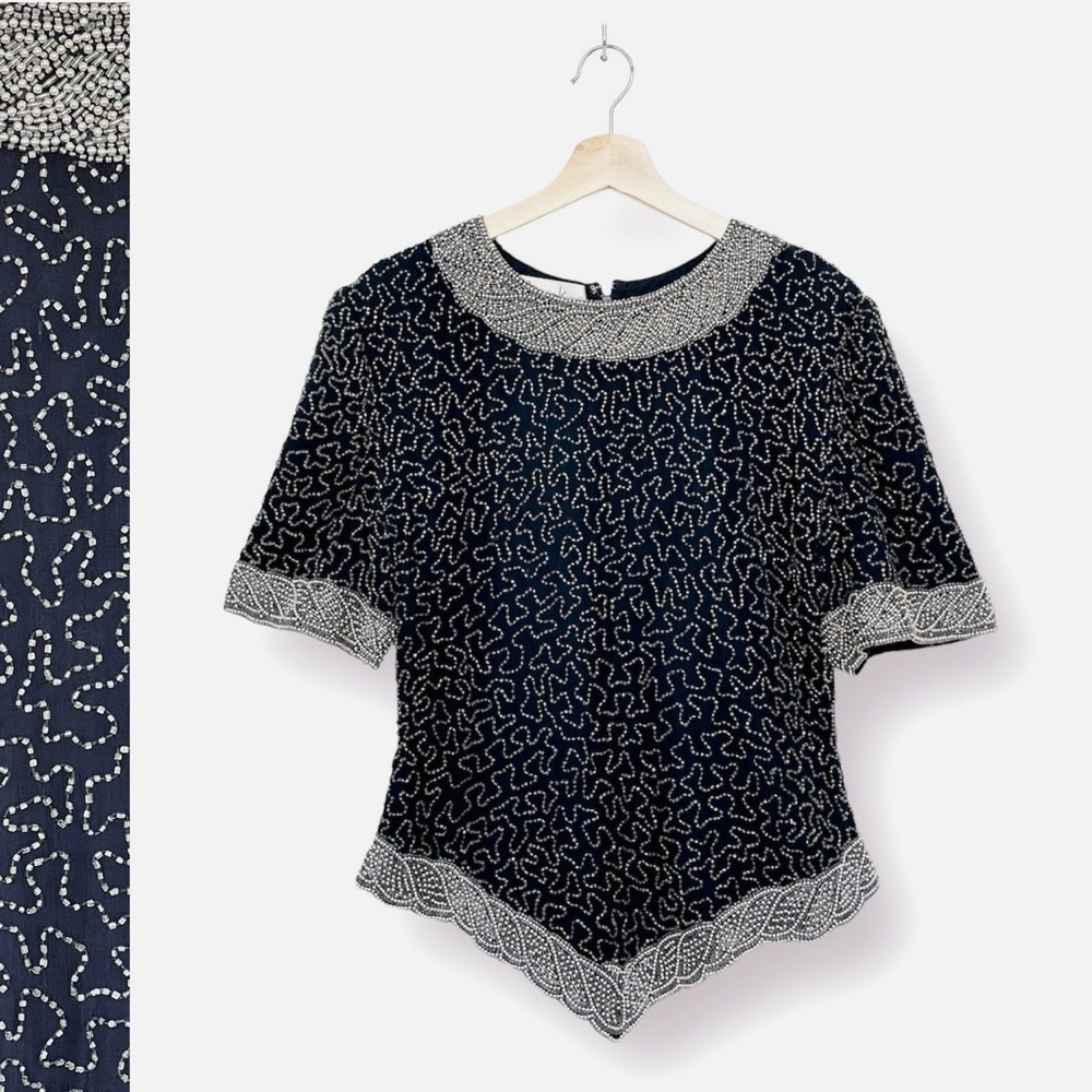 Laurence Kazar 100% Silk Beaded Top Vintage Pointed Hem Short Sleeve Lined